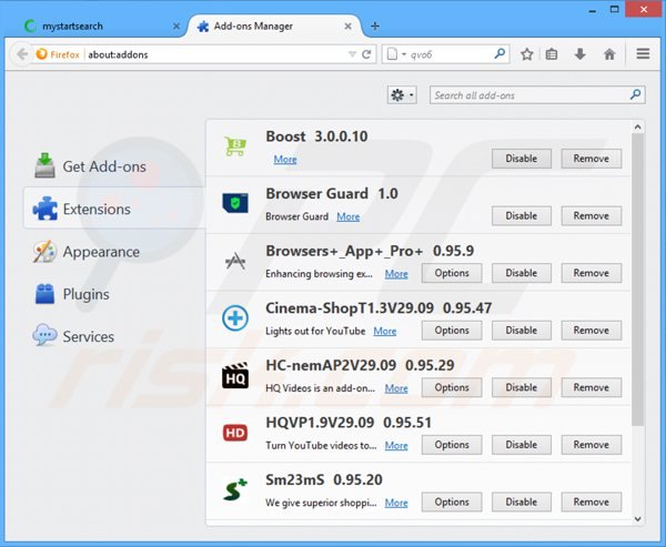 Usuwanie powiązanych mystartsearch.com z rozszerzeń Mozilla Firefox