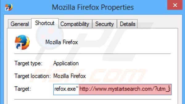Usuwanie mystartsearch.com ze skrótu docelowego Mozilla Firefox krok 2