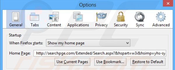 Usuwanie searchpge.com ze strony domowej Mozilla Firefox