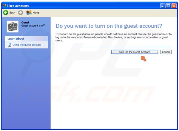 Przełączanie konta na Gość Windows XP krok 4 - klikając