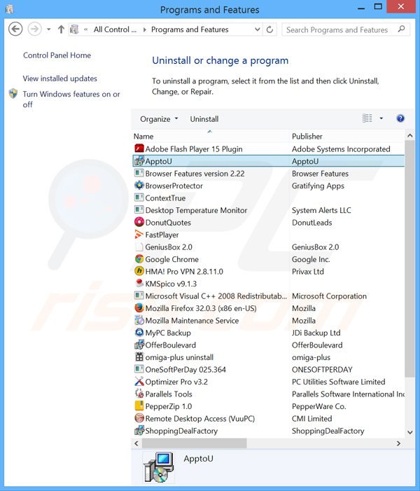 Deinstalacja adware apptou poprzez Panel sterowania