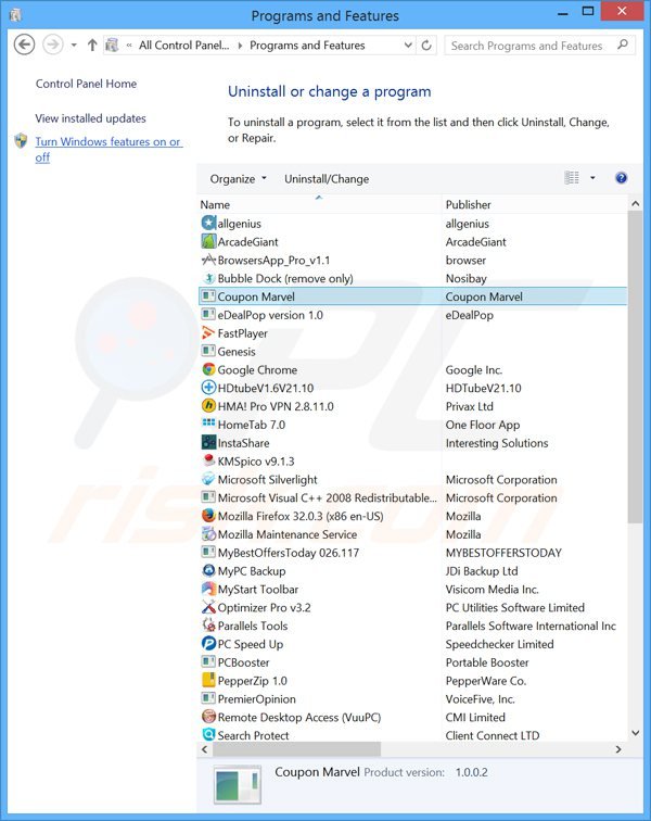 Deinstalacja adware Coupon Marvel poprzez Panel sterowania