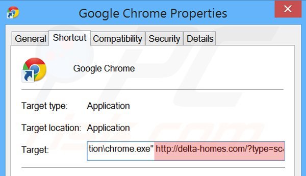 Usuwanie delta-homes.com ze skrótu docelowego Google Chrome krok 2