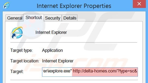 Usuwanie delta-homes.com ze skrótu docelowego Internet Explorer krok 2