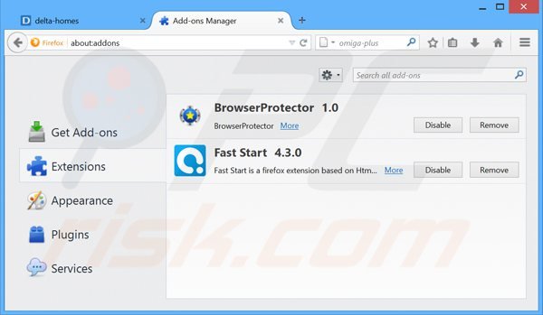 Usuwanie powiązanych rozszerzeń delta-homes.com z Mozilla Firefox