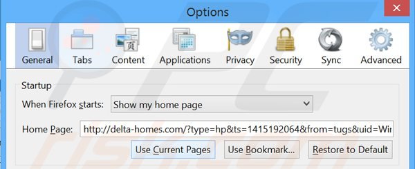 Usuwanie delta-homes.com ze strony domowej Mozilla Firefox