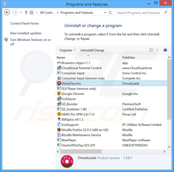 Deinstalacja adware donutquotes poprzez Panel sterowania