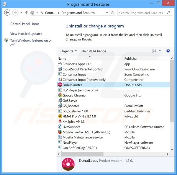 Deinstalacja adware donutquotes poprzez Panel sterowania