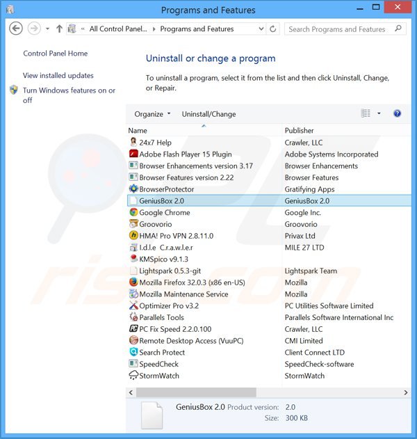 Deinstalacja adware geniusbox poprzez Panel sterowania