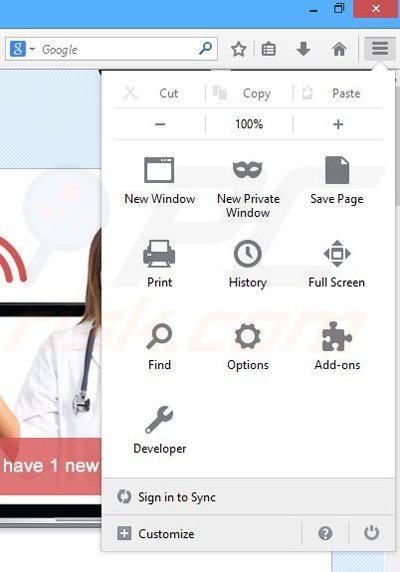 Removing Health Alert ads from Mozilla Firefox step 1