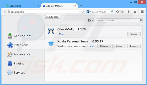 Usuwanie reklam koala personal search z Mozilla Firefox krok 2