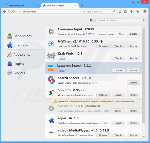 Usuwanie powiązanych rozszerzeń lasaoren.com z Mozilla Firefox