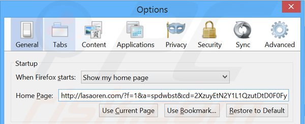 Usuwanie lasaoren.com ze strony domowej Mozilla Firefox