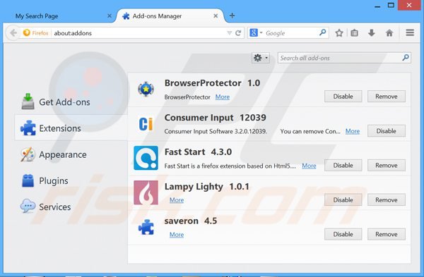 Usuwanie powiązanych rozszerzeń mysearchpage.net z Mozilla Firefox