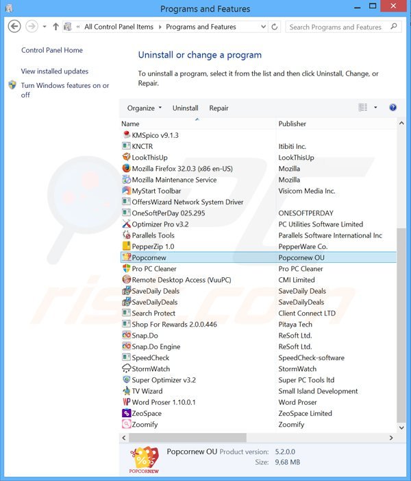 Deinstalacja adware Popcornew poprzez Panel sterowania