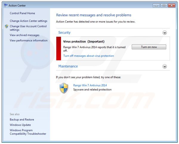 rango win7 antivirus 2014 wyświetlający fałszywe centrum zabezpieczeń windows