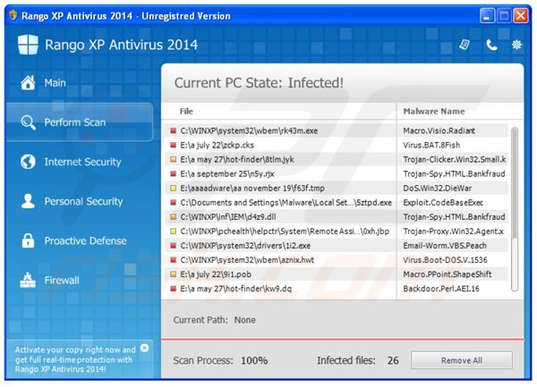 rango xp antivirus 2014 wykonujący fałszywy skan bezpieczeństwa komputera