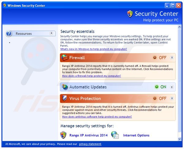 rango xp antivirus 2014 wyświetlający fałszywe okno centrum zabezpieczeń