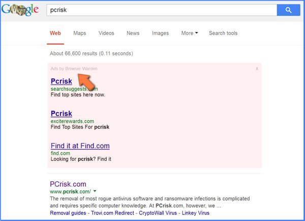 Nielegalne reklamy w wynikach wyszukiwania Google spowodowane przez adware Browser Warden