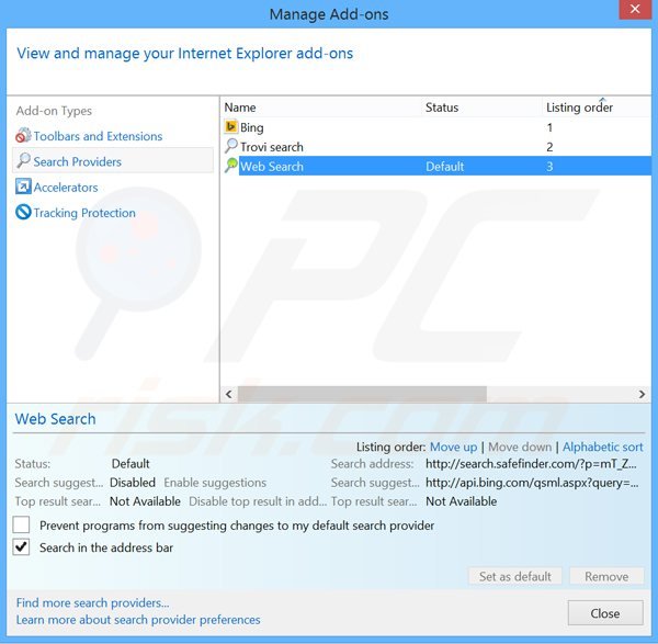 Usuwanie search.safefinder.com z domyślnej wyszukiwarki Internet Explorer