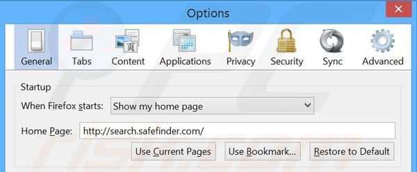 Usuwanie search.safefinder.com ze strony domowej Mozilla Firefox