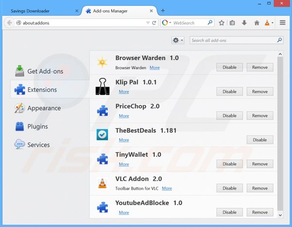 Usuwanie savings downloader z Mozilla Firefox krok 2