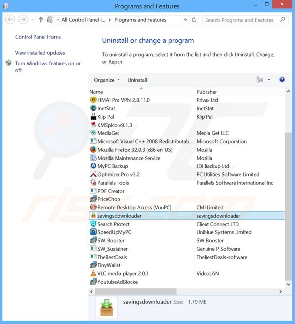 Deinstalacja adware savings downloader poprzez Panel sterowania