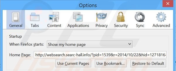 Usuwanie websearch.searc-hall.info ze strony domowej Mozilla Firefox