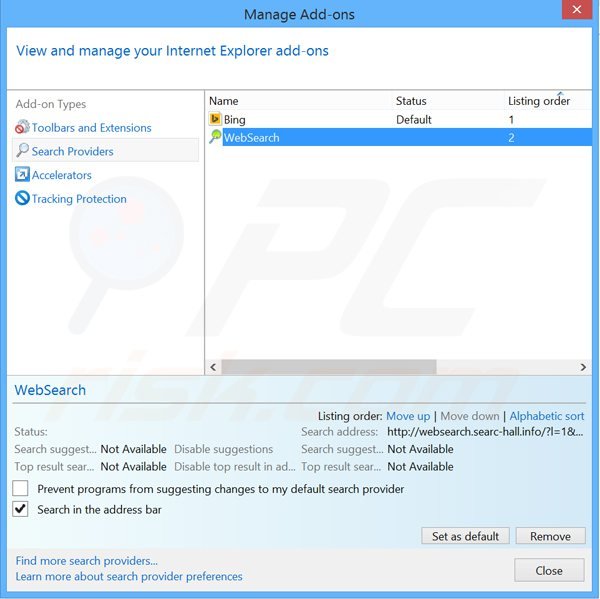 Usuwanie websearch.searc-hall.info z domyślnej wyszukiwarki Internet Explorer
