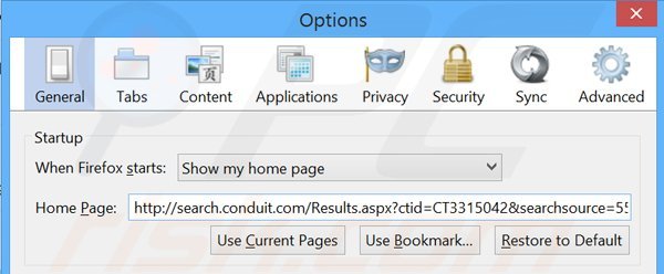Usuwanie search.conduit.com ze strony domowej Mozilla Firefox