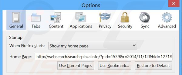 Usuwanie websearch.search-plaza.info ze strony domowej Mozilla Firefox