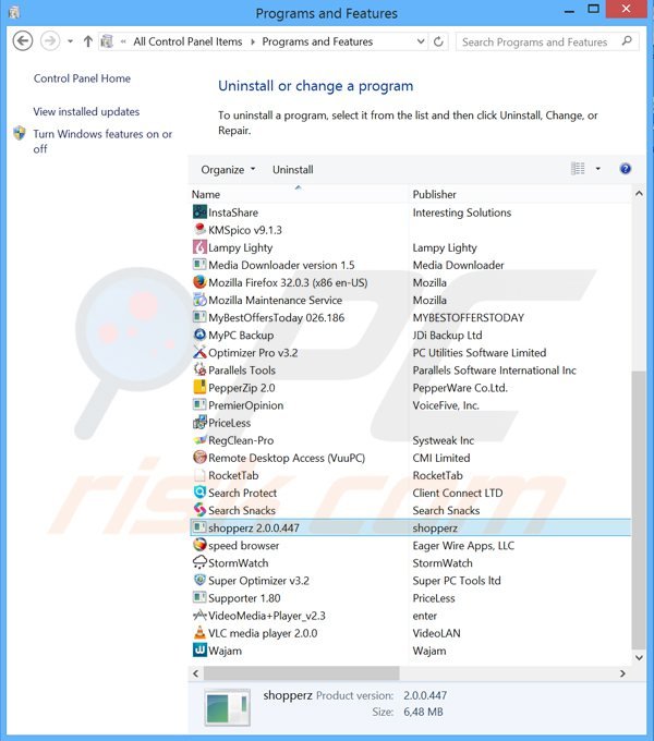 Deinstalacja adware shopperz adware poprzez Panel sterowania