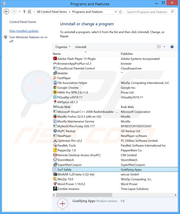 Deinstalacja adware surf safely poprzez Panel sterowania