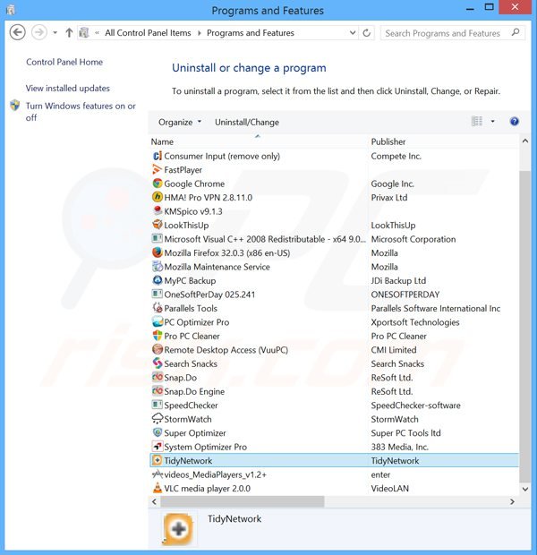 Deinstalacja adware tidynetwork poprzez Panel sterowania