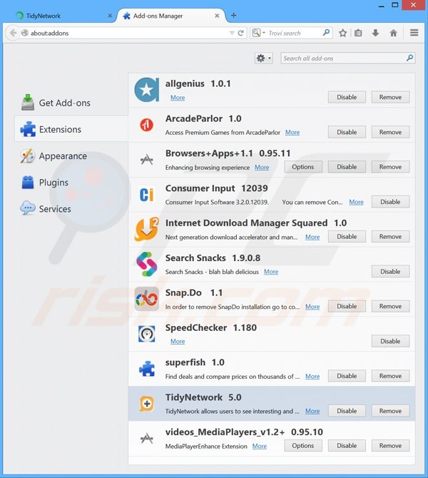 Usuwanie reklam tidynetwork z Mozilla Firefox krok 2