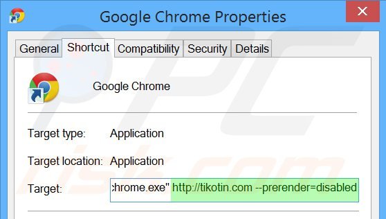 Usuwanie tikotin.com ze skrótu docelowego Google Chrome krok 2