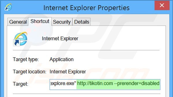 Usuwanie tikotin.com ze skrótu docelowego Internet Explorer krok 2
