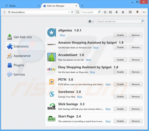 Usuwanie rozszrzeń tikotin.com z Mozilla Firefox 