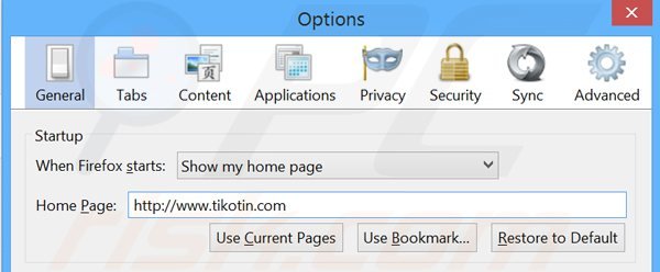 Usuwanie tikotin.com ze strony domowej Mozilla Firefox