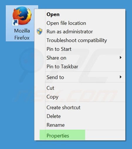 Usuwanie tikotin.com ze skrótu docelowego Mozilla Firefox krok 1