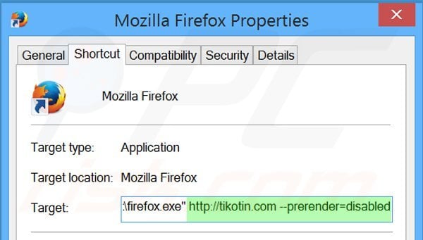 Usuwanie tikotin.com ze skrótu docelowego Mozilla Firefox krok 2