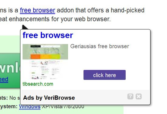 Reklamy śródtekstowe generowane przez adware VeriBrowse