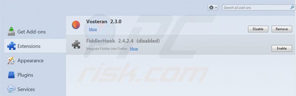 Usuwanie powiązanych rozszerzeń vosteran.com z Mozilla Firefox