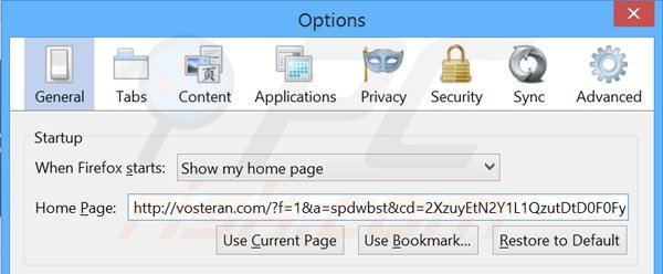 Usuwanie vosteran.com ze strony domowej Mozilla Firefox