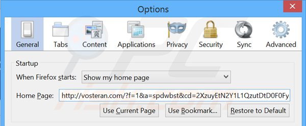 Usuwanie vosteran.com ze strony domowej Mozilla Firefox