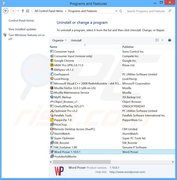 Deinstalacja adware wordproser poprzez Panel sterowania
