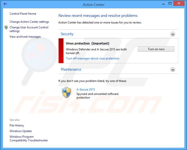 a-secure 2015  wyświetlający fałszywych Centrum zabezpieczeń systemu Windows