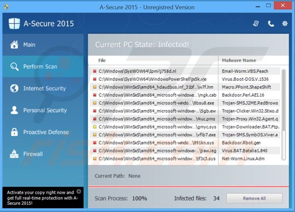  a-secure 2015 wykonujący fałszywy skan bezpieczeństwa