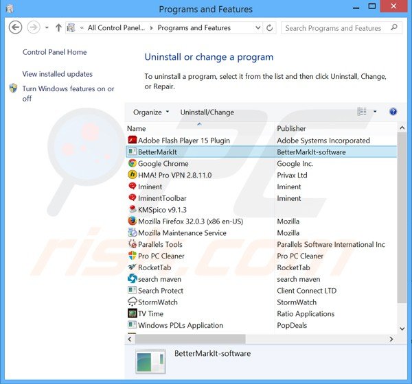 Deinstalacja adware bettermarkit poprzez Panel sterowania
