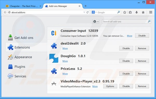 Removing Cheapster ads from Mozilla Firefox step 2
